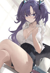 Rule 34 | 1girl, bare legs, black skirt, blue archive, breasts, crossed legs, cup, halo, large breasts, lemoneko, long hair, looking at viewer, miniskirt, office lady, parted lips, partially unbuttoned, pleated skirt, purple eyes, purple hair, shirt, shirt tucked in, sitting, skirt, solo, thighs, two side up, v-shaped eyebrows, white shirt, yuuka (blue archive)