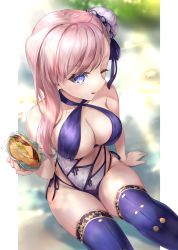 Rule 34 | 1girl, :q, absurdres, arm support, asymmetrical hair, bare shoulders, blue bow, blue eyes, blue one-piece swimsuit, blue ribbon, blue thighhighs, blurry, blurry background, blush, bow, bow swimsuit, breasts, bun cover, burger, buttons, casual one-piece swimsuit, cheese, cleavage, closed mouth, collarbone, commentary request, cowboy shot, criss-cross halter, dappled sunlight, day, depth of field, fate/grand order, fate (series), floral print, food, frills, from above, groin, hair bun, hair ribbon, halterneck, hand up, hane yuki, highleg, highleg swimsuit, highres, holding, holding food, large breasts, legs together, lettuce, light rays, light smile, long hair, looking at viewer, looking up, miyamoto musashi (fate), miyamoto musashi (fate/grand order), miyamoto musashi (swimsuit berserker) (fate), miyamoto musashi (swimsuit berserker) (third ascension) (fate), multicolored clothes, multicolored swimsuit, o-ring, o-ring swimsuit, one-piece swimsuit, one eye closed, outdoors, outside border, partial commentary, pillarboxed, print swimsuit, print thighhighs, ribbon, side-tie swimsuit, side bun, sidelocks, silver hair, single side bun, single sidelock, sitting, solo, sunbeam, sunlight, swept bangs, swimsuit, thigh gap, thighhighs, thighs, tomato, tongue, tongue out, white one-piece swimsuit, wrapper