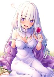 Rule 34 | 1girl, alcohol, bare shoulders, blunt bangs, blush, breasts, bright pupils, cleavage, commentary request, cup, dress, drinking glass, drunk, elf, emilia (re:zero), flower, gem, green gemstone, hair flower, hair ornament, hair ribbon, high heels, highres, holding, holding cup, long hair, looking at viewer, medium breasts, nightgown, off shoulder, on floor, open mouth, pointy ears, purple eyes, re:zero kara hajimeru isekai seikatsu, ribbon, simple background, sitting, solo, squeans, tarunyan, wariza, white background, white hair, wine, wine glass