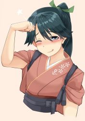 Rule 34 | 10s, 1girl, ;q, anchor symbol, black eyes, black hair, blush, commentary request, cropped torso, floral print, hair ribbon, hand to head, highres, houshou (kancolle), imagawa akira, japanese clothes, kantai collection, long hair, looking at viewer, one eye closed, pink background, ponytail, ribbon, sleeves rolled up, solo, star (symbol), tongue, tongue out, upper body