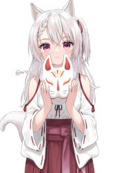 Rule 34 | 1girl, :3, animal ears, anz32, bare shoulders, blush, braid, braided bangs, closed mouth, clothing cutout, commentary request, fox ears, fox girl, fox mask, fox tail, grey hair, hair between eyes, hakama, hakama skirt, holding, holding mask, japanese clothes, kimono, long hair, long sleeves, looking at viewer, mask, unworn mask, one side up, original, purple eyes, purple hakama, ribbon-trimmed sleeves, ribbon trim, shoulder cutout, simple background, skirt, solo, tail, twitter username, white background, white kimono, wide sleeves