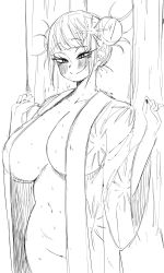 Rule 34 | 1girl, alternate breast size, blunt bangs, blush, boku no hero academia, breasts, cleavage, coffing, collarbone, double bun, hair bun, highres, huge breasts, japanese clothes, kimono, monochrome, navel, nude, sketch, smile, solo, sweat, toga himiko