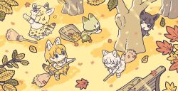 Rule 34 | 4girls, ^ ^, animal ears, animal print, autumn, autumn leaves, bench, black hair, black serval (kemono friends), blonde hair, bow, bowtie, broom, brown hair, cat ears, cat girl, cat tail, chibi, closed eyes, closed mouth, commentary, day, elbow gloves, full body, gloves, holding, holding broom, jumping, kemono friends, kemono friends 3, kuro shiro (kuro96siro46), looking at another, looking at object, lucky beast (kemono friends), medium hair, multicolored hair, multiple girls, open mouth, orange hair, outdoors, park bench, peeking out, scarf, serval (ex4) (kemono friends), serval (kemono friends), serval print, shirt, skirt, sleeveless, sleeveless shirt, smile, standing, symbol-only commentary, tail, thighhighs, white serval (kemono friends)