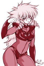 Rule 34 | 1girl, arm guards, big hair, bodysuit, breasts, covered navel, cowboy shot, drill hair, eyelashes, eyes visible through hair, fingernails, hair between eyes, hand up, iczer-1, iczer (series), legs apart, lips, long hair, medium breasts, nakagami takashi, panties, parted lips, pointy ears, red theme, simple background, solo, standing, tatakae!! iczer-1, underwear, white background