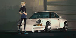 Rule 34 | 1girl, black eyes, black pantyhose, black shirt, blonde hair, blue footwear, blue skirt, blush, car, closed mouth, collared shirt, commentary, copyright request, english commentary, from behind, hands on own hips, highres, light brown hair, marvel, motor vehicle, pantyhose, plaid, plaid skirt, porsche 911, porsche 930, profile, shirt, shoes, short hair, skirt, solo, spider-man: into the spider-verse, spider-man (series), spider-verse, standing, vehicle focus, white shirt, zhanghan