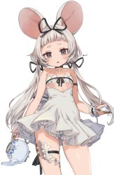 Rule 34 | 1girl, animal ears, bare shoulders, blunt bangs, blush, dress, flat chest, grey eyes, grey hair, highres, hikimayu, long hair, looking at viewer, mouse ears, open mouth, original, simple background, solo, teapot, thigh strap, twintails, white background, white dress, yu-ri (arium047)