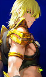 Rule 34 | 1boy, armlet, armor, bad id, bad pixiv id, bare shoulders, blonde hair, changye, crop top, earrings, fate/grand order, fate (series), green eyes, jason (fate), jewelry, male focus, midriff, pectorals, short hair, shoulder armor, sidepec, solo