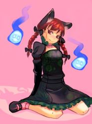 Rule 34 | 1girl, animal ears, bow, braid, cat ears, cat girl, choker, female focus, hair bow, hitodama, jean (jean sp), kaenbyou rin, looking at viewer, mary janes, pink socks, red eyes, red hair, shoes, sitting, smile, socks, solo, touhou, twin braids, wariza