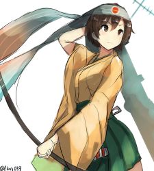 Rule 34 | 10s, 1girl, bandana, bow (weapon), brown eyes, brown hair, hiryuu (kancolle), kantai collection, md5 mismatch, plan (planhaplalan), resized, short hair, sketch, solo, standing, twitter username, weapon, white background