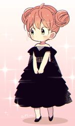 Rule 34 | 1girl, ahoge, anya (spy x family), artist name, bare shoulders, black dress, black footwear, blush, child, closed mouth, commentary, double bun, dress, expressionless, eyelashes, gradient background, green eyes, hair between eyes, hair bun, high heels, katagiri atsuko, off-shoulder dress, off shoulder, pink background, pink hair, shoes, sideways glance, simple background, solo, sparkle, spy x family, standing, symbol-only commentary, white background