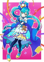 Rule 34 | 1girl, blue dress, blue footwear, blue hair, boots, commentary request, cure spicy, delicious party precure, dress, earrings, eyelashes, fuwa kokone, gloves, green eyes, hair ornament, highres, jewelry, light blue hair, long hair, looking at viewer, magical girl, multicolored hair, pam-pam (precure), pink background, pink hair, ponytail, precure, side ponytail, smile, solo, streaked hair, tsukikage oyama, very long hair
