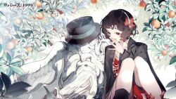 Rule 34 | 2girls, black hair, covering own mouth, food, fruit, hand over own mouth, hat, multiple girls, orange (fruit), red eyes, reverse:1999, schneider (reverse:1999), sitting, statue, wings, yonemuro