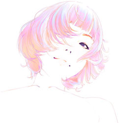 Rule 34 | 1girl, bad id, bad tumblr id, black eyes, close-up, female focus, from below, hair over one eye, ilya kuvshinov, looking at viewer, multicolored hair, original, out-of-frame censoring, short hair, simple background, smile, solo, topless, topless frame