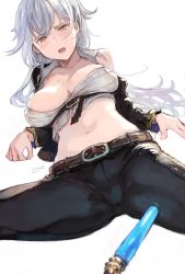 Rule 34 | 1girl, bare shoulders, belt, black legwear, blush, breasts, granblue fantasy, highres, jacket, large breasts, long hair, looking at viewer, midriff, navel, open mouth, pants, sabanobori, silva (granblue fantasy), silver hair, simple background, solo, sweat, tank top, white background, yellow eyes