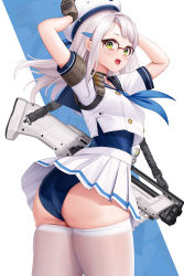 Rule 34 | 1girl, absurdres, all-break, allenes, ammunition, ass, beret, black choker, blue neckerchief, brown gloves, bullpup, choker, commentary, double-barreled shotgun, from behind, glasses, gloves, goddess of victory: nikke, green eyes, gun, hair ornament, hairclip, hat, highres, looking at viewer, medium hair, multiple-barrel firearm, neckerchief, neon (nikke), open mouth, pleated skirt, pump-action shotgun, pump action, school uniform, serafuku, short sleeves, shotgun, shotgun shell, side-by-side-barreled shotgun, skirt, smile, solo, standard manufacturing dp-12, standing, swimsuit, swimsuit under clothes, thighhighs, thighs, twisted torso, vertical forward grip, weapon, white hair, white hat, white serafuku, white skirt, white thighhighs