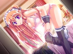 Rule 34 | 1girl, :o, adjusting clothes, adjusting legwear, akaza, bed, bent over, black thighhighs, blush, bra, braid, breasts, cleavage, dressing, dutch angle, frilled panties, frilled thighhighs, frills, game cg, hair ribbon, lace, lace-trimmed bra, lace-trimmed panties, lace trim, large breasts, lens flare, lingerie, long hair, maid, maid-san to ookina ken, maid headdress, mitsurugi sakuya, mitsurugi sakuya (maid-san to ookina ken), orange hair, panties, pink bra, pink panties, purple eyes, ribbon, side-tie panties, side braid, solo, thighhighs, underwear, wrist cuffs