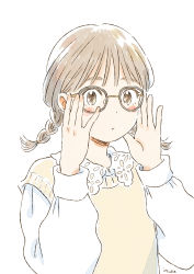 Rule 34 | 1girl, absurdres, adjusting eyewear, black-framed eyewear, blush stickers, braid, brown eyes, brown hair, closed mouth, expressionless, eyebrows, eyebrows hidden by hair, glasses, hair behind ear, hands up, highres, itunohika, long sleeves, looking at viewer, looking to the side, low twintails, muted color, no pupils, original, pale color, pink sweater, puffy long sleeves, puffy sleeves, shirt, short hair, short twintails, signature, simple background, solo, sweater, sweater vest, thick eyebrows, twin braids, twintails, upper body, white background, white shirt, wing collar