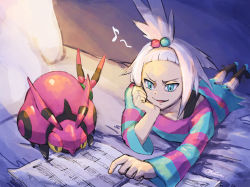 Rule 34 | 1girl, bed, blue eyes, boots, bra strap, creatures (company), dress, forehead, freckles, game freak, gen 5 pokemon, gym leader, hair bobbles, hair ornament, highres, music, musical note, nintendo, ohdon, pillow, pokemon, pokemon (creature), pokemon bw2, roxie (pokemon), sheet music, singing, strapless, strapless dress, striped clothes, striped dress, topknot, venipede