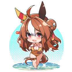 Rule 34 | 1girl, ahoge, animal ears, bare shoulders, barefoot, bead bracelet, beads, blue background, blush, bracelet, breasts, bridal garter, brown hair, chibi, commentary, copano rickey (umamusume), ear covers, fang, glint, hair ornament, hand on own chest, highres, horse ears, horse girl, horse tail, jewelry, large breasts, leaning forward, long hair, looking at viewer, multicolored hair, open mouth, outside border, red eyes, round image, skin fang, solo, sparkle, standing, streaked hair, swimsuit, tail, tassel, thighs, umamusume, wading, warashi, water, white hair