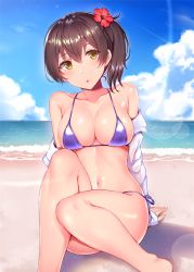 Rule 34 | 1girl, beach, bikini, blue bikini, blush, breasts, brown hair, cloud, day, flower, hair flower, hair ornament, hibiscus, interstellar, jacket, kaga (kancolle), kantai collection, large breasts, navel, ocean, off shoulder, open mouth, outdoors, ponytail, red flower, side-tie bikini bottom, side ponytail, sitting, sky, solo, swimsuit, water, white jacket, yellow eyes