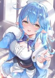 Rule 34 | 1girl, :d, absurdres, ahoge, bare shoulders, beret, bloom, blue bow, blue bowtie, blue coat, blue dress, blue hair, blue nails, blurry, blurry background, blush, bow, bowtie, braid, breasts, brooch, buta tamako, cleavage, cleavage cutout, clothing cutout, coat, commentary request, corset, day, depth of field, dress, feet out of frame, foreshortening, french braid, from above, fur trim, hair between eyes, hair intakes, half updo, hands up, hat, heart, heart ahoge, highres, hololive, huge filesize, indoors, jewelry, large breasts, light rays, long hair, looking at viewer, nail polish, off shoulder, open mouth, pleated skirt, pointy ears, reaching, reaching towards viewer, sidelocks, sitting, skirt, smile, snowflakes, solo, virtual youtuber, wall, white hat, window, yellow eyes, yukihana lamy