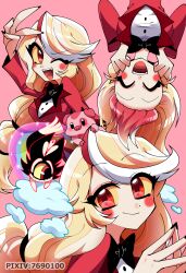 Rule 34 | 1girl, ^ ^, absurdres, animal, animal on head, black bow, black bowtie, black cat, blonde hair, bow, bowtie, cat, charlie morningstar, closed eyes, closed mouth, cloud, colored sclera, eyes visible through hair, fangs, fat nuggets, hazbin hotel, highres, jacket, keekee (hazbin hotel), long hair, long sleeves, looking at viewer, menattou, multi-tied hair, multicolored hair, multiple views, on head, one-eyed, one eye closed, open mouth, own hands together, pig, pink background, pixiv id, rainbow, red eyes, red hair, red jacket, shirt, simple background, smile, steepled fingers, streaked hair, traditional bowtie, upside-down, v, v over head, watermark, white hair, white shirt, yellow sclera
