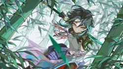 Rule 34 | 1boy, 57friend, absurdres, aqua hair, bamboo, bamboo forest, bead necklace, beads, black hair, dated, day, eyeshadow, facial mark, forehead mark, forest, genshin impact, highres, holding, holding polearm, holding weapon, jewelry, looking at viewer, makeup, male focus, multicolored hair, nature, necklace, outdoors, polearm, primordial jade winged-spear (genshin impact), red eyeshadow, solo, tassel, twitter username, weapon, xiao (genshin impact)