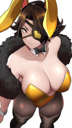 Rule 34 | 1girl, animal ears, animal print, bare shoulders, black bow, black bowtie, black pantyhose, bow, bowtie, breasts, brown hair, cinder fall, cleavage, collarbone, commentary, detached collar, english commentary, eyepatch, fake animal ears, from above, fur, grin, highleg, highleg leotard, lainart, large breasts, legs apart, leotard, looking at viewer, pantyhose, rabbit print, rwby, short hair, simple background, smile, solo, thighhighs, thighs, v-shaped eyebrows, white background, wrist cuffs, yellow eyes, yellow leotard