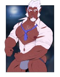 Rule 34 | 1boy, abs, absurdres, artist name, bara, beard, biceps, blurry, blurry background, collared shirt, facial hair, fangs, feet out of frame, full moon, highres, jockstrap, large pectorals, long sideburns, looking to the side, male focus, male underwear, manly, mature male, moon, moonlight, muscular, muscular male, neck, night, night sky, nipples, original, outdoors, pectorals, pointy ears, red eyes, rumple tumple, shirt, short hair, sideburns, sky, solo, stubble, teeth, thick arms, thick eyebrows, thick thighs, thighs, tongue, tongue out, torn clothes, twitter username, underwear, white hair