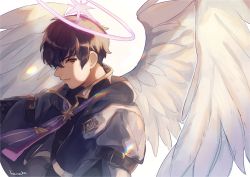 Rule 34 | 1boy, angel, angel wings, arm belt, ascot, black jacket, brown hair, character request, closed mouth, copyright request, feathered wings, gloves, hair between eyes, halo, hanako151, jacket, male focus, purple ascot, short hair, smile, solo, striped ascot, striped neckwear, upper body, white background, white wings, wings