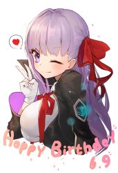 Rule 34 | 1girl, absurdres, bb (fate), black jacket, breasts, chinese commentary, closed mouth, commentary request, cropped torso, dated, fate/grand order, fate (series), gloves, hair ribbon, happy birthday, heart, highres, jacket, kami otona, large breasts, long hair, neck ribbon, one eye closed, purple eyes, purple hair, red ribbon, ribbon, shirt, simple background, smile, solo, spoken heart, upper body, v, white background, white gloves, white shirt