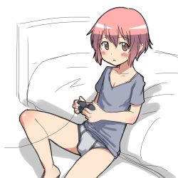 Rule 34 | 1boy, aaaa (quad-a), androgynous, bad id, bad pixiv id, blue male underwear, blush, briefs, brown eyes, bulge, controller, game controller, highres, male focus, male underwear, no pants, original, playing games, red hair, shirt, sitting, solo, underwear