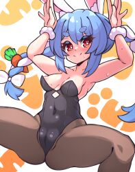 Rule 34 | 1girl, alternate costume, animal ears, areola slip, armpits, arms up, bare shoulders, bebatch, black leotard, blue hair, blush, bow, breasts, brown pantyhose, cleft of venus, closed mouth, covered navel, dot nose, eyebrows, eyelashes, female focus, hair bow, hololive, hololive fantasy, leotard, looking at viewer, multicolored hair, nervous, nervous smile, pantyhose, playboy bunny, rabbit-shaped pupils, rabbit ears, rabbit girl, rabbit pose, red eyes, simple background, small breasts, smile, solo, spread legs, squatting, strapless, strapless leotard, symbol-shaped pupils, thick eyebrows, twintails, two-tone background, two-tone hair, usada pekora, virtual youtuber, white background, white bow, white hair, yellow background