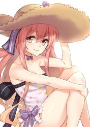 Rule 34 | 1girl, arm up, atelier (series), atelier ayesha, bare arms, bare legs, bare shoulders, bow, breasts, brown hat, choker, cleavage, closed mouth, collarbone, dress, eyebrows, female focus, fuya (tempupupu), hat, holding, holding clothes, holding hat, long hair, looking at viewer, pink hair, purple bow, purple dress, red eyes, ribbon choker, sidelocks, simple background, sitting, smile, solo, strapless, strapless dress, straw hat, tareme, very long hair, white background, wilbell voll-ersleid