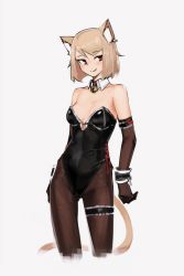 Rule 34 | 1girl, absurdres, animal ears, bell, black gloves, black pantyhose, blonde hair, blush, breasts, bridal garter, cat ears, cat tail, closed mouth, collar, cropped legs, deel (rkeg), detached collar, earrings, elbow gloves, facing viewer, gloves, highres, jewelry, kittysuit, leotard, lisa (deel), looking back, medium breasts, neck bell, nontraditional playboy bunny, original, pantyhose, red eyes, short hair, simple background, smile, solo, strapless, strapless leotard, tail, white background