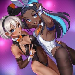 Rule 34 | 2girls, :d, armpits, ass, bea (pokemon), black hair, black hairband, blue eyes, blue eyeshadow, blue hair, blush, bow, bow hairband, bowtie, breasts, commentary request, covered navel, creatures (company), dark-skinned female, dark skin, detached collar, earrings, eyelashes, eyeshadow, game freak, hair between eyes, hairband, hand on another&#039;s hip, highleg, highleg leotard, highres, jewelry, leotard, looking at viewer, makeup, multicolored hair, multiple girls, nail polish, necktie, nessa (pokemon), nintendo, open mouth, orange bow, orange bowtie, orange nails, orange necktie, pantyhose, playboy bunny, pokemon, pokemon swsh, purple background, see-through, see-through leotard, short hair, short necktie, smile, sweatdrop, teeth, toin (iitoin), tongue, two-tone hair, v, white leotard