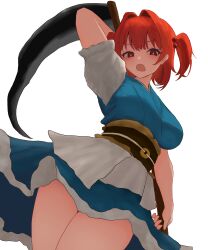 Rule 34 | 1girl, absurdres, blue dress, breasts, bright pupils, coin, commentary, cowboy shot, dress, hair bobbles, hair intakes, hair ornament, highres, holding, holding scythe, large breasts, looking at viewer, moriforest1040, obi, onozuka komachi, open mouth, red eyes, red hair, sash, scythe, short hair, short sleeves, simple background, solo, touhou, two side up, white background, white pupils