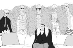 Rule 34 | 6+boys, :q, abs, ascot, bara, blonde hair, bulge, clone, coat, coat on shoulders, couch, crocodile (one piece), dark-skinned male, dark skin, donquixote doflamingo, feet out of frame, fur coat, goggles, goggles on head, greyscale, hair slicked back, large pectorals, looking at another, looking down, male focus, mature male, medium hair, meme, mg cls, monochrome, multiple boys, muscular, muscular male, navel, navel hair, necktie, nipples, official alternate costume, on couch, one piece, open clothes, open shirt, pants, parody, partially unbuttoned, pectoral cleavage, pectorals, pillow, piper perri surrounded (meme), scar, scar on face, scar on nose, seductive smile, sideburns, sitting, smile, smirk, stitches, stomach, sunglasses, thick thighs, thighs, time paradox, tinted eyewear, tongue, tongue out, topless male, white-framed eyewear, yaoi