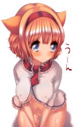 Rule 34 | 1girl, alice margatroid, animal ears, bad id, bad pixiv id, blonde hair, blue eyes, blush, breasts, capelet, cat ears, cat girl, cream (nipakupa), female focus, hairband, kemonomimi mode, large breasts, navel, nude, pussy, simple background, solo, touhou, translation request, uncensored, white background