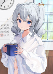 Rule 34 | 1girl, absurdres, blue eyes, breasts, buttons, calendar (object), clock, coffee, coffee mug, cup, frown, grey hair, hat, highres, indoors, kantai collection, kashima (kancolle), long hair, mug, oversized clothes, oversized shirt, partially unbuttoned, shirt, sidelocks, tsurime, twintails, wavy hair, white shirt, window, yoshino (mfmfpng)