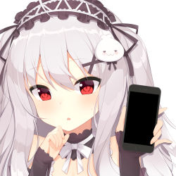 Rule 34 | 1girl, bad id, bad pixiv id, bare shoulders, black ribbon, blush, cellphone, detached collar, fingernails, hair between eyes, hair ornament, hair ribbon, hairband, hands up, highres, holding, holding phone, lolita hairband, long sleeves, looking at viewer, niliu chahui, original, parted lips, phone, red eyes, ribbon, silver hair, simple background, sleeves past wrists, smartphone, solo, sweat, tokisaki mio (niliu chahui), white background