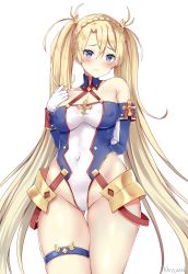 Rule 34 | 1girl, arm behind back, artist name, blonde hair, blue eyes, blush, bradamante (fate), bradamante (first ascension) (fate), braid, breasts, cleavage, closed mouth, covered erect nipples, covered navel, elbow gloves, fate/grand order, fate (series), french braid, gloves, groin, hair ribbon, hand up, highres, kaetzchen, leotard, long hair, looking at viewer, medium breasts, ribbon, simple background, skindentation, solo, thigh strap, thighs, twintails, two side up, very long hair, white background