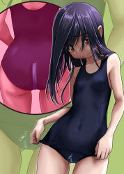 Rule 34 | 1girl, adjusting clothes, adjusting swimsuit, ass, black hair, blue one-piece swimsuit, brown eyes, character request, collarbone, covered navel, cowboy shot, crotch zipper, eyes visible through hair, flat chest, gluteal fold, highres, inset, long hair, looking at viewer, multiple views, old school swimsuit, one-piece swimsuit, rohitsuka, school swimsuit, swimsuit, wavy mouth, zipper, zipper pull tab