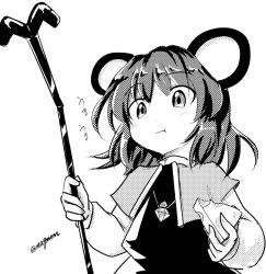 Rule 34 | 1girl, animal ears, blush stickers, capelet, cheese, chewing, closed mouth, dutch angle, eating, food, from below, greyscale, jewelry, long sleeves, monochrome, mouse ears, nazrin, necklace, short hair, taurine 8000mg, touhou, twitter username