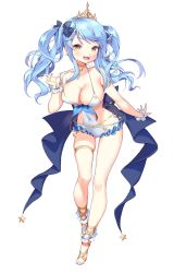 Rule 34 | 1girl, :3, :d, absurdres, ankle cuffs, armlet, bad id, bad twitter id, blue hair, bow, breasts, character request, choker, cleavage, copyright request, covered navel, cross-laced footwear, fang, frill trim, frilled swimsuit, frills, full body, gimt, hair bow, halterneck, highres, large breasts, long hair, nail polish, one-piece swimsuit, open mouth, simple background, skin fang, smile, solo, strap lift, swimsuit, tiara, toeless legwear, toenail polish, toenails, toes, twintails, white background, wrist cuffs, yellow eyes