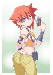 Rule 34 | 1girl, ass, bare shoulders, blue eyes, blush, capcom, cougar (cougar1404), dimples of venus, earrings, from behind, gun, jewelry, looking at viewer, mega man (series), mega man zero (series), mega man zero 4, neige (mega man), orange hair, pants, pouch, shiny skin, short hair, smile, solo, weapon