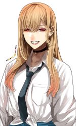 Rule 34 | 1girl, black choker, blonde hair, blue skirt, breasts, choker, collared shirt, ear piercing, earrings, highres, hoshi san 3, jewelry, kitagawa marin, lace, lace choker, long hair, looking at viewer, multicolored hair, necklace, necktie, piercing, red eyes, red hair, school uniform, shirt, simple background, skirt, smile, solo, sono bisque doll wa koi wo suru, tied shirt, white background