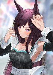 Rule 34 | 1girl, absurdres, alternate costume, animal ears, arm up, armpits, bad id, bad twitter id, black hair, blurry, blurry background, blush, closed mouth, collarbone, commentary request, detached sleeves, hair ornament, hairclip, highres, horse ears, horse girl, kuro imu, looking at viewer, maid, mejiro dober (umamusume), purple eyes, solo, umamusume