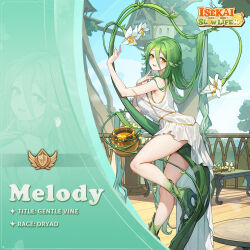 Rule 34 | 1girl, arm up, artist request, blue sky, blush, bridge, character name, character profile, close-up, cloud, coin, dress, dryad, finger to cheek, flower, foot up, full body, gold trim, green hair, green nails, hands up, honeypot, house, isekai: slow life, leaf, leaf on head, long dress, long hair, looking to the side, melody (isekai: slow life), monster girl, multicolored hair, nail polish, official art, one eye closed, open mouth, outdoors, plant, plant girl, railing, sky, sleeveless, smile, table, tree, treehouse, very long hair, white dress, white flower, yellow eyes