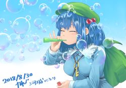 Rule 34 | 1girl, artist name, backpack, bag, blue hair, breasts, bubble, blowing bubbles, character name, dated, closed eyes, hair bobbles, hair ornament, hat, highres, kanji (white7night), kawashiro nitori, key, long sleeves, medium breasts, shirt, short hair, short twintails, signature, solo, touhou, twintails